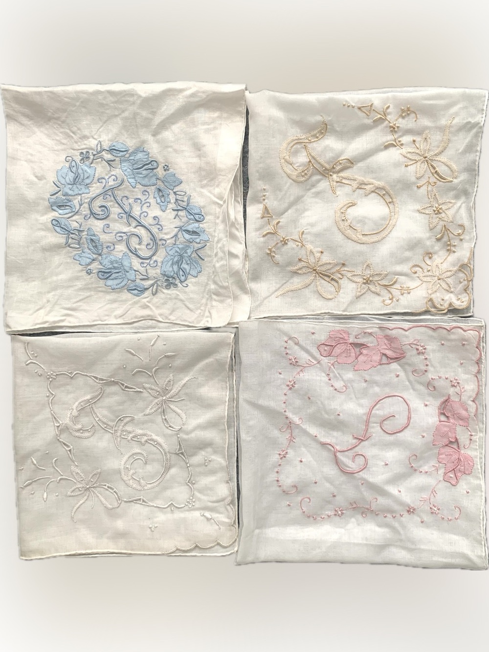 Vintage 50s 60s white & pastel F monogram floral embroidery cotton handkerchief